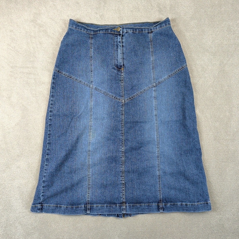 Denim 24/7 Skirt Womens 14W Blue Midi A-Line Paneled Back Button Vent Stretch